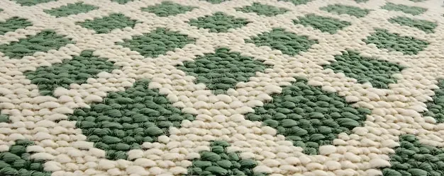 A close up of a green and white rug with a pattern on it.
