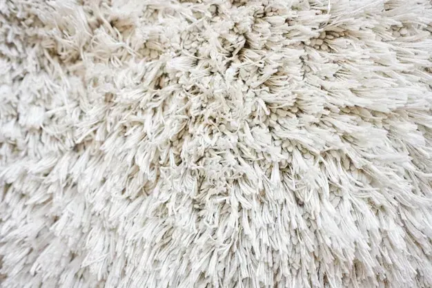 A close up of a white furry rug.