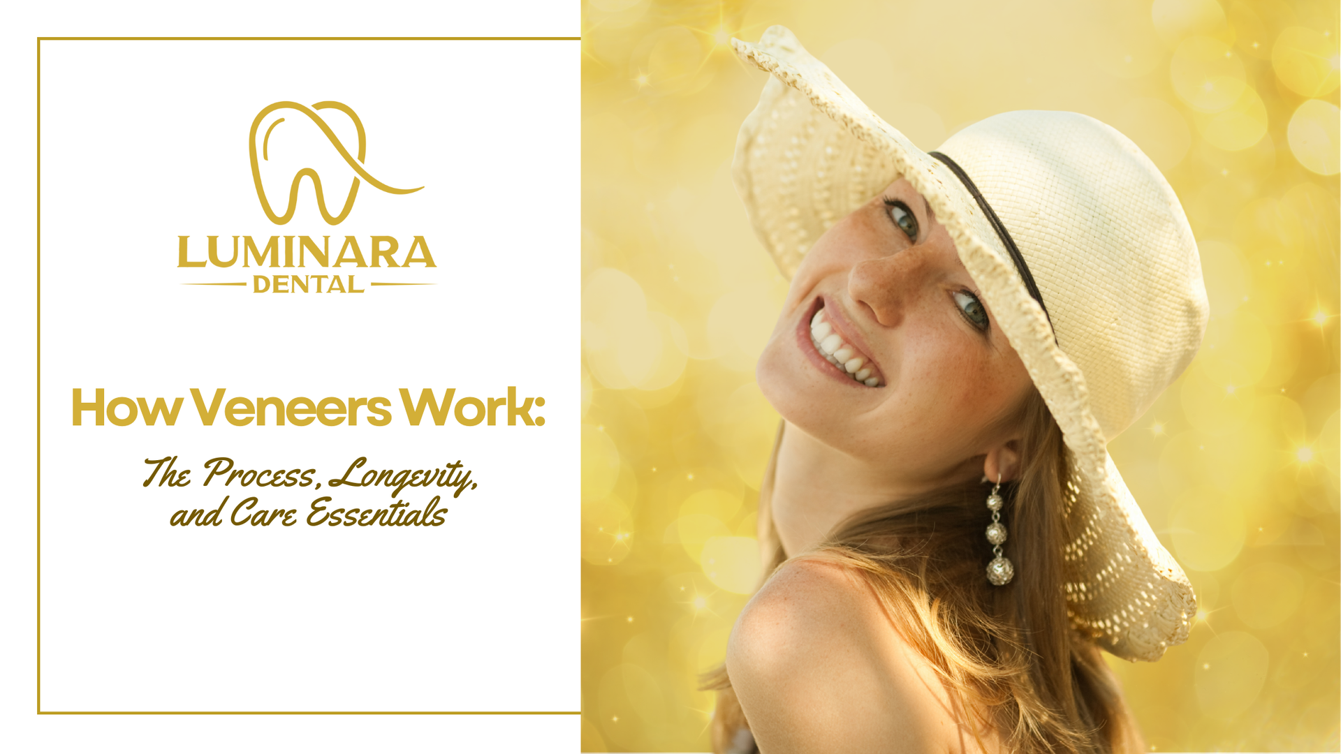 Woman in a sun hat smiles, teeth gleaming, with dental veneer ad: 