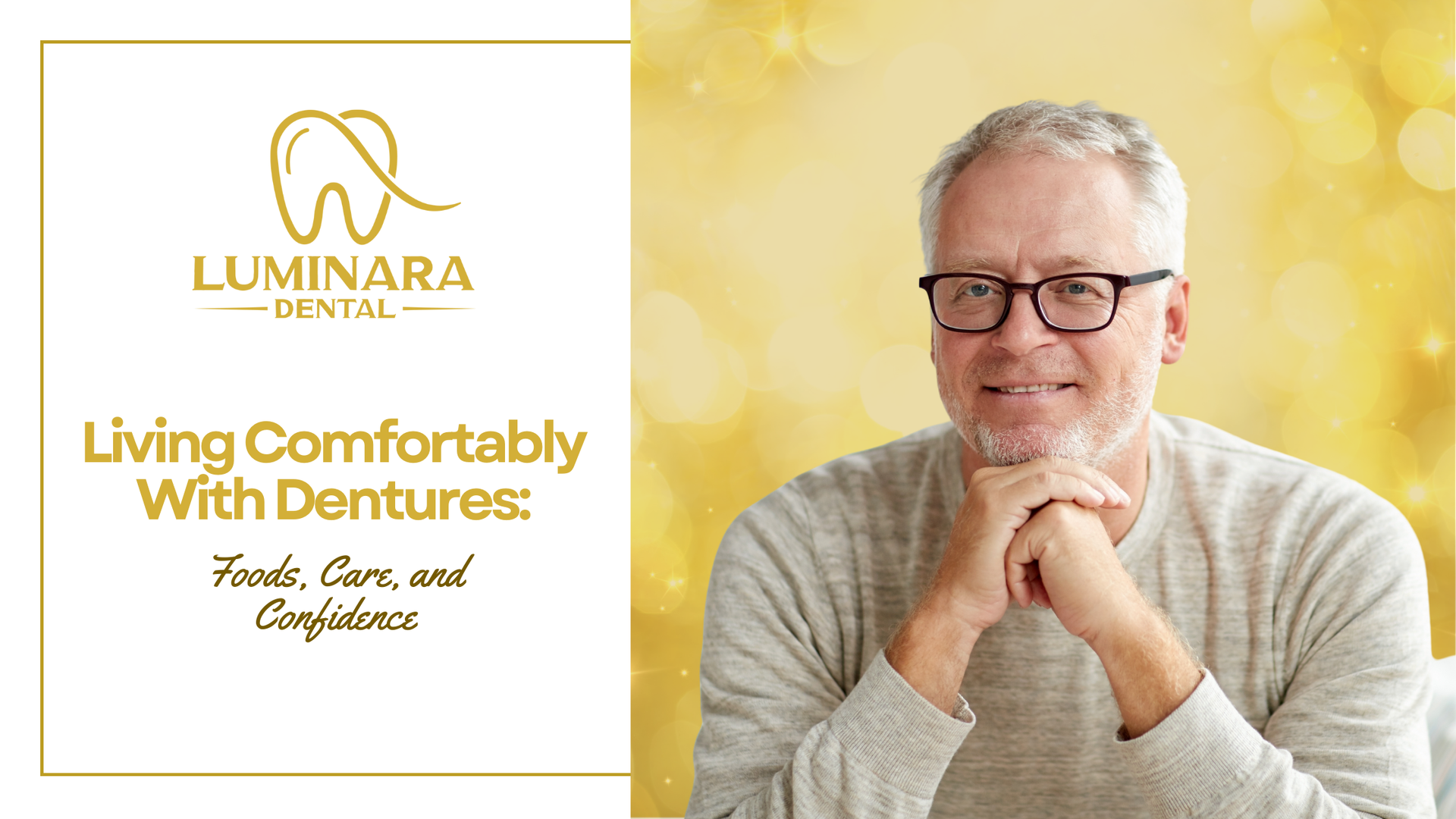 Man with glasses smiling, next to a dental clinic logo and title: 