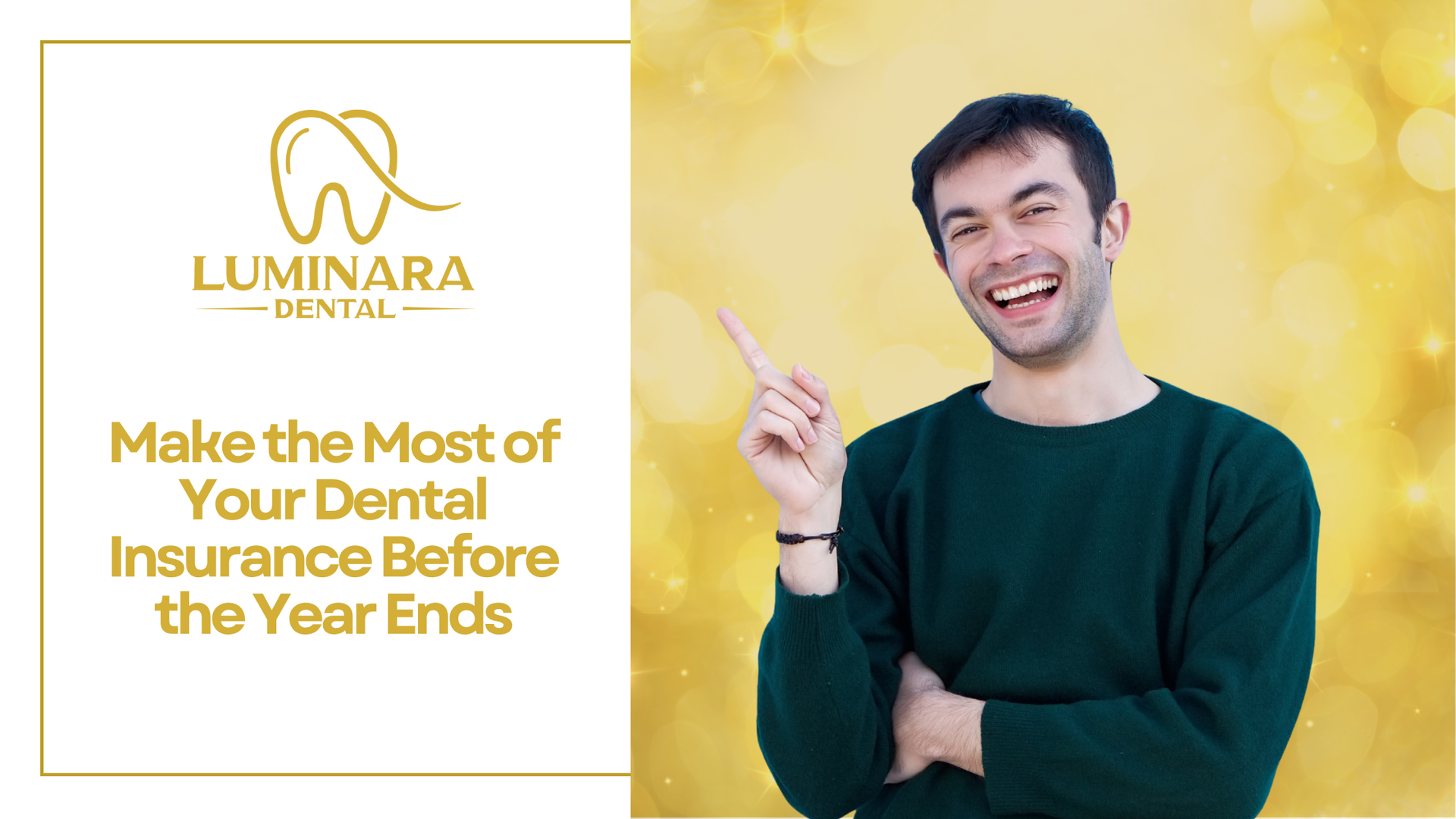 Smiling man pointing up next to text: