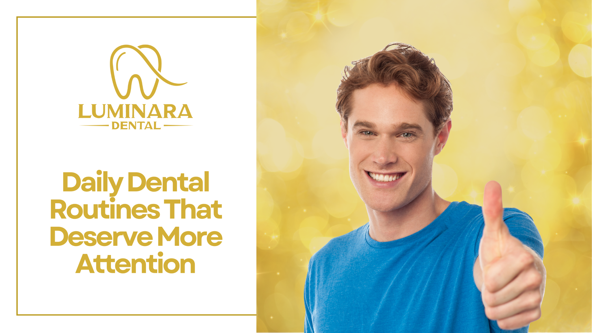 Man giving thumbs-up with healthy smile; gold-toned background.