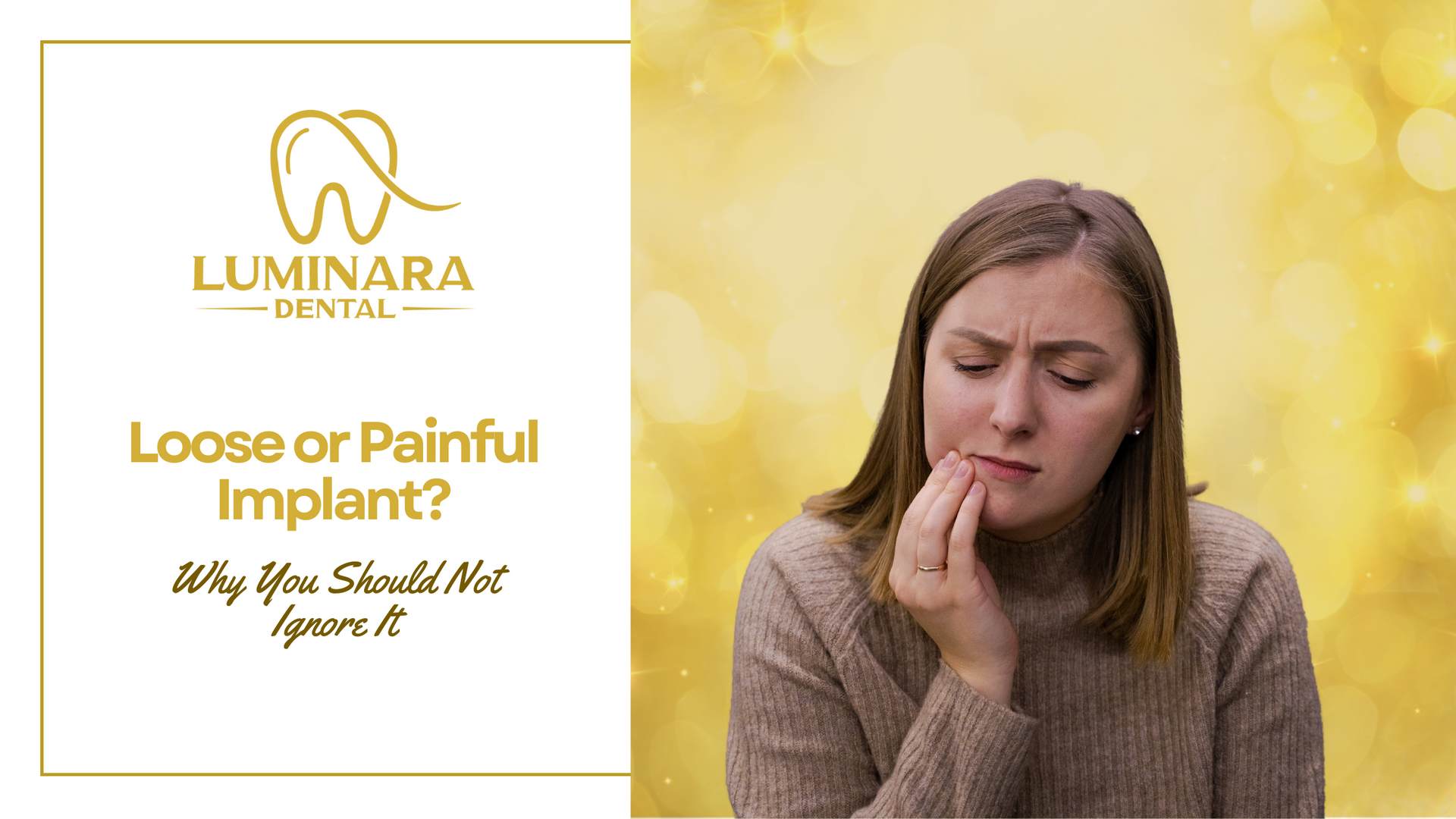 A woman is holding her mouth in pain because of a loose or painful implant.