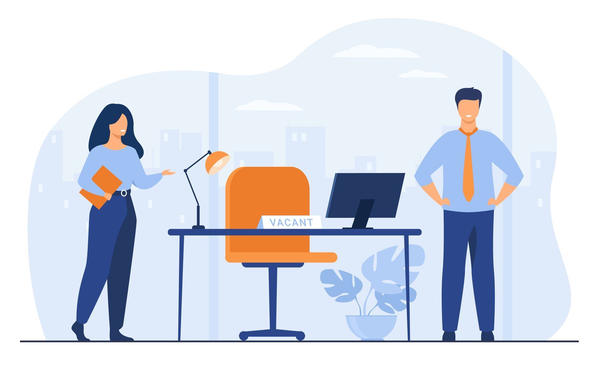 A man and a woman are standing next to each other in an office.