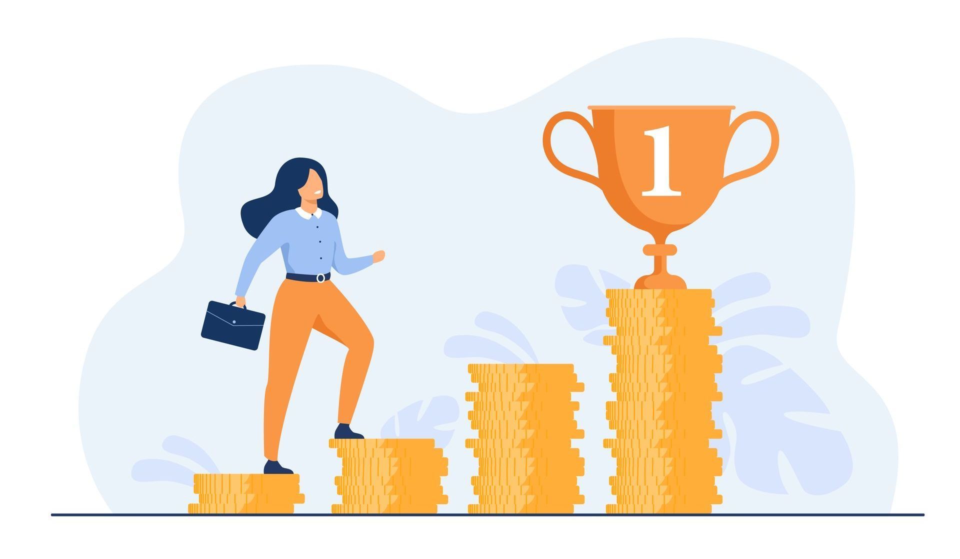 A woman is standing on a stack of coins next to a trophy.