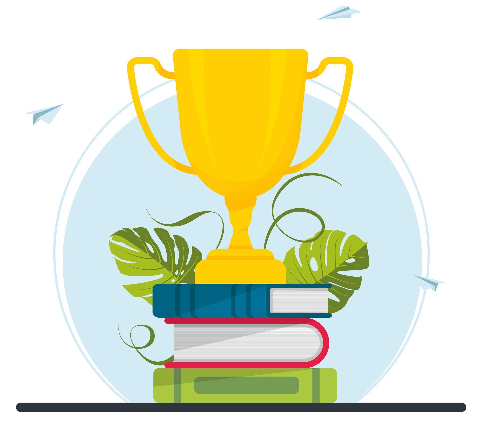 A trophy is sitting on top of a stack of books.