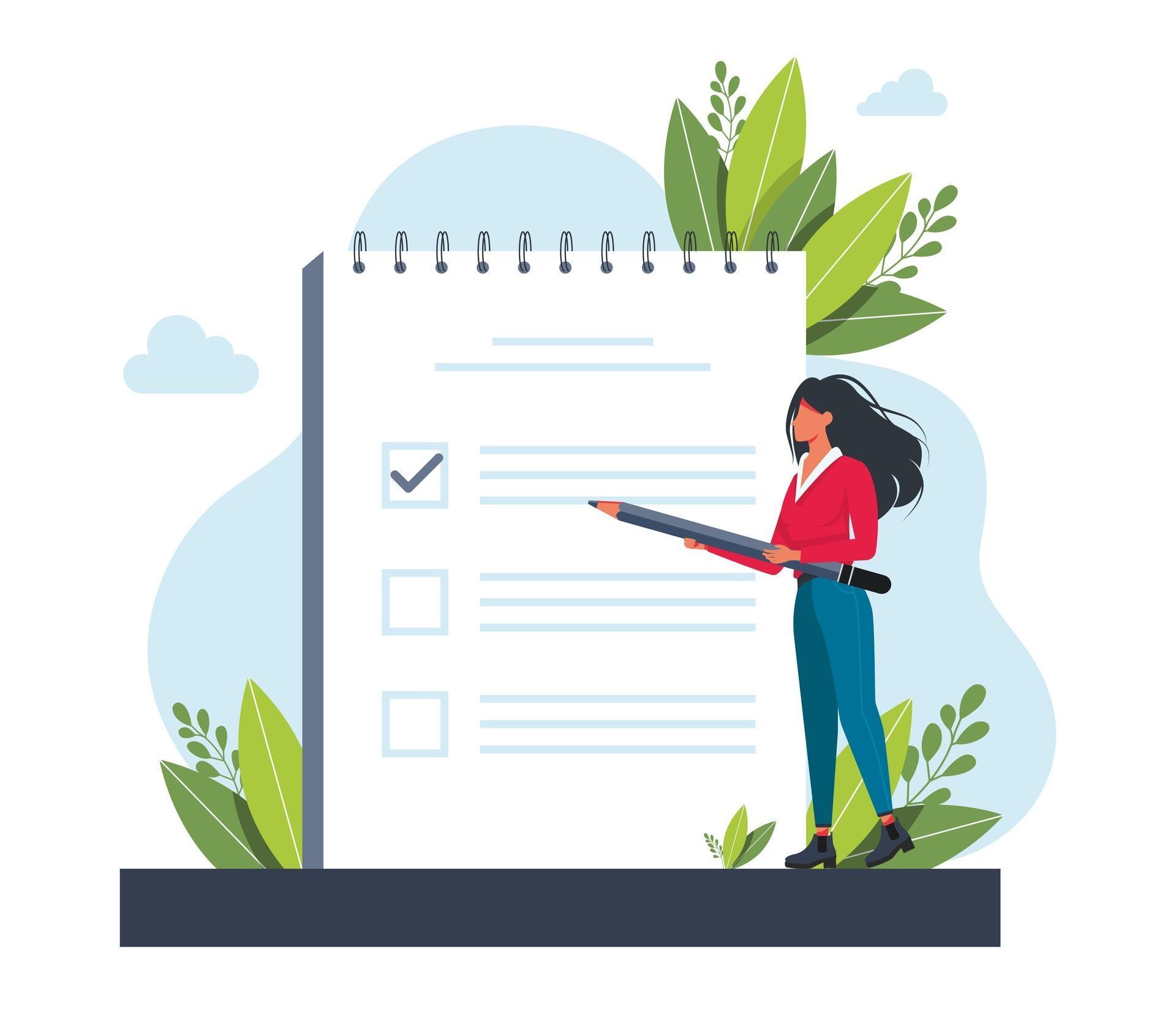 A woman is holding a pencil in front of a checklist.