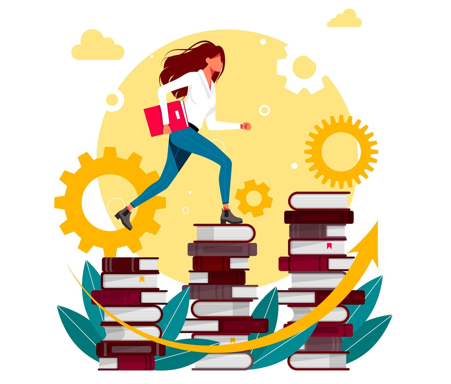 A woman is walking up a staircase made of books.