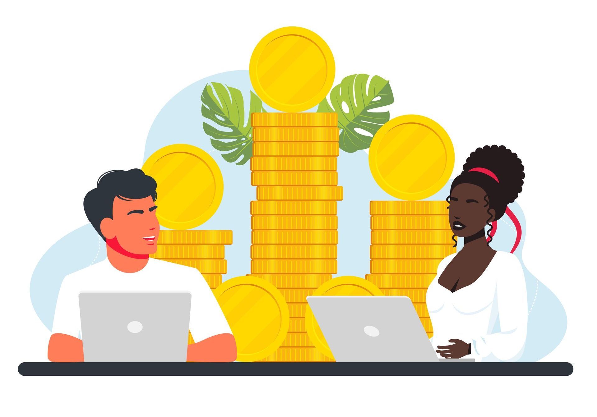 A man and a woman are sitting at a table with laptops in front of stacks of coins.