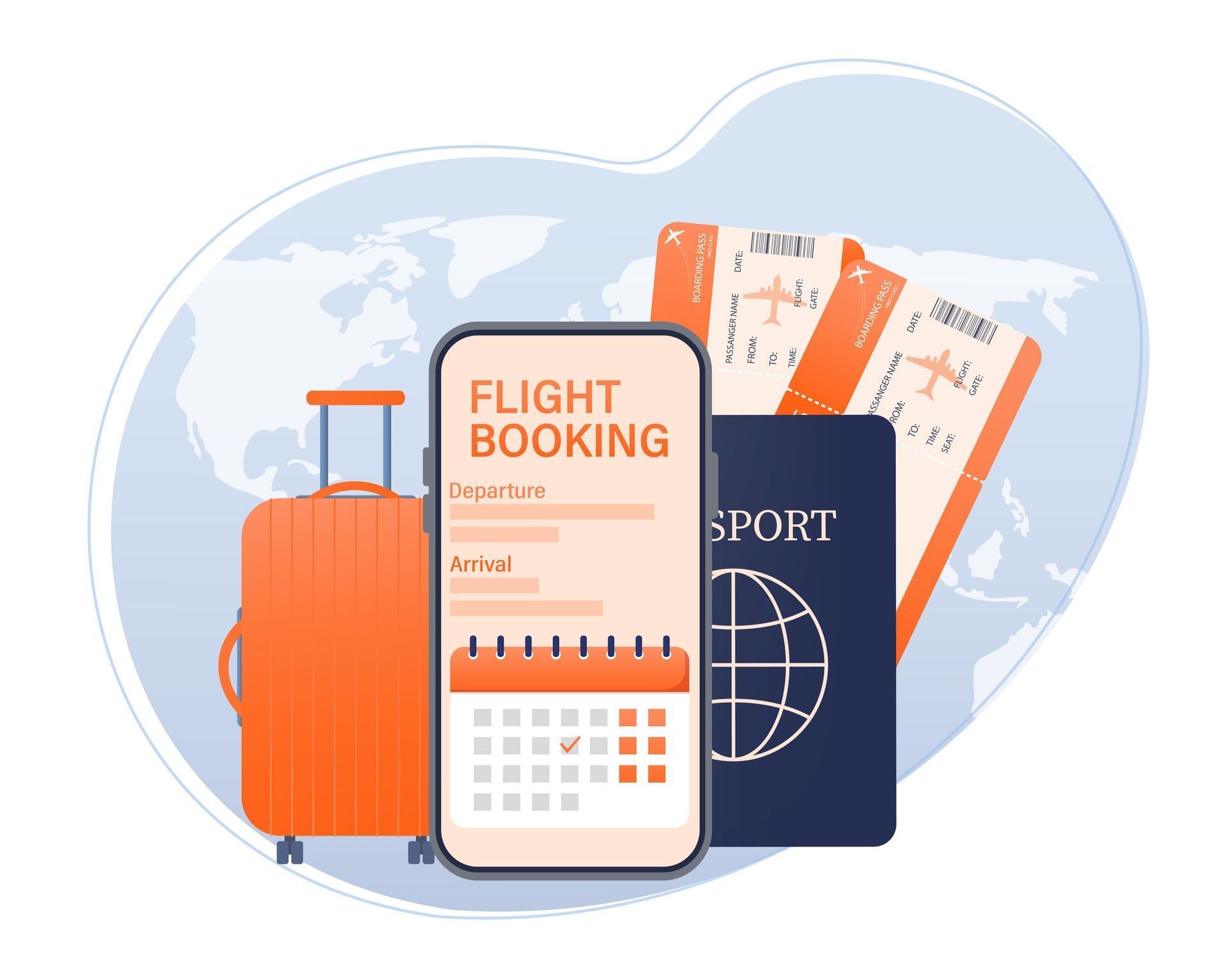 An illustration of a cell phone , suitcase , passport , and airline tickets.