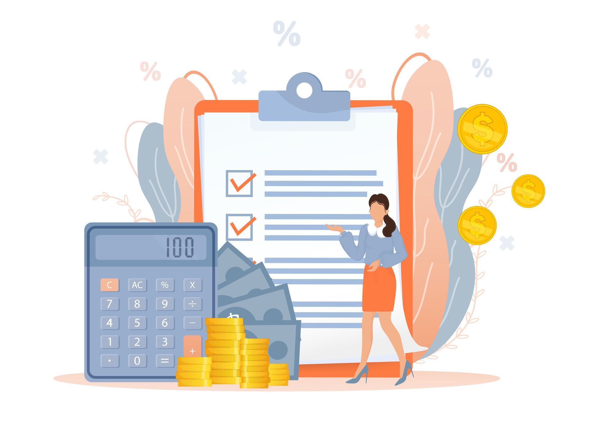 A woman is standing next to a clipboard with a calculator , money , and coins.
