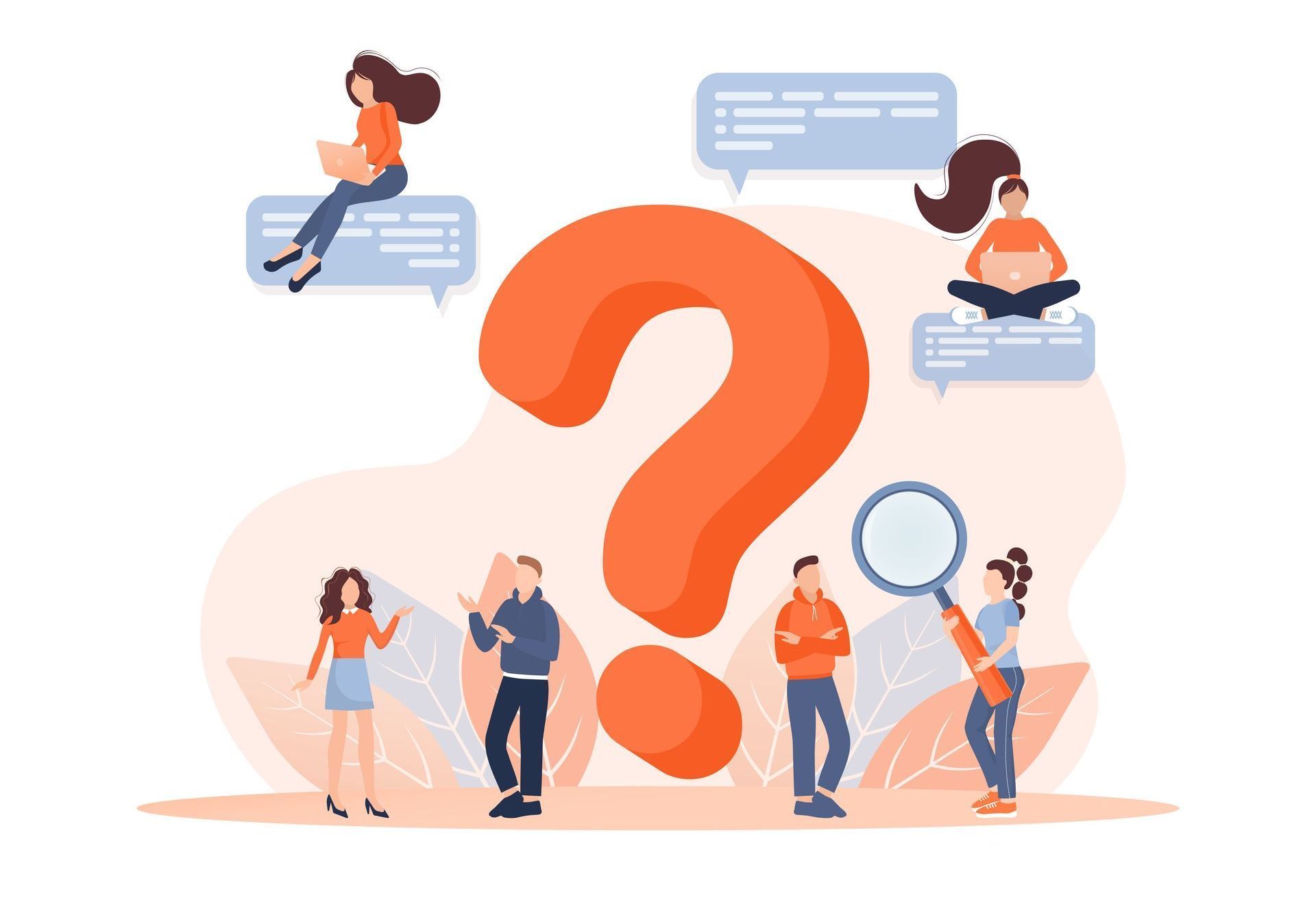 A group of people are standing around a large question mark.