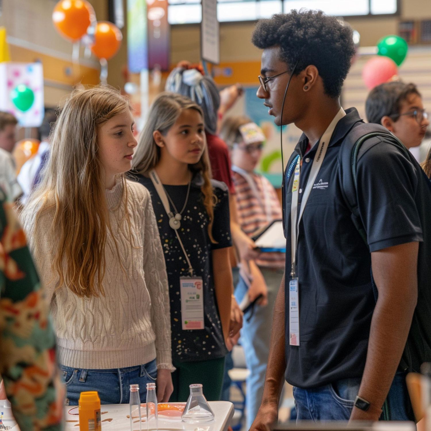 A group of people are standing around a table talking to each other.