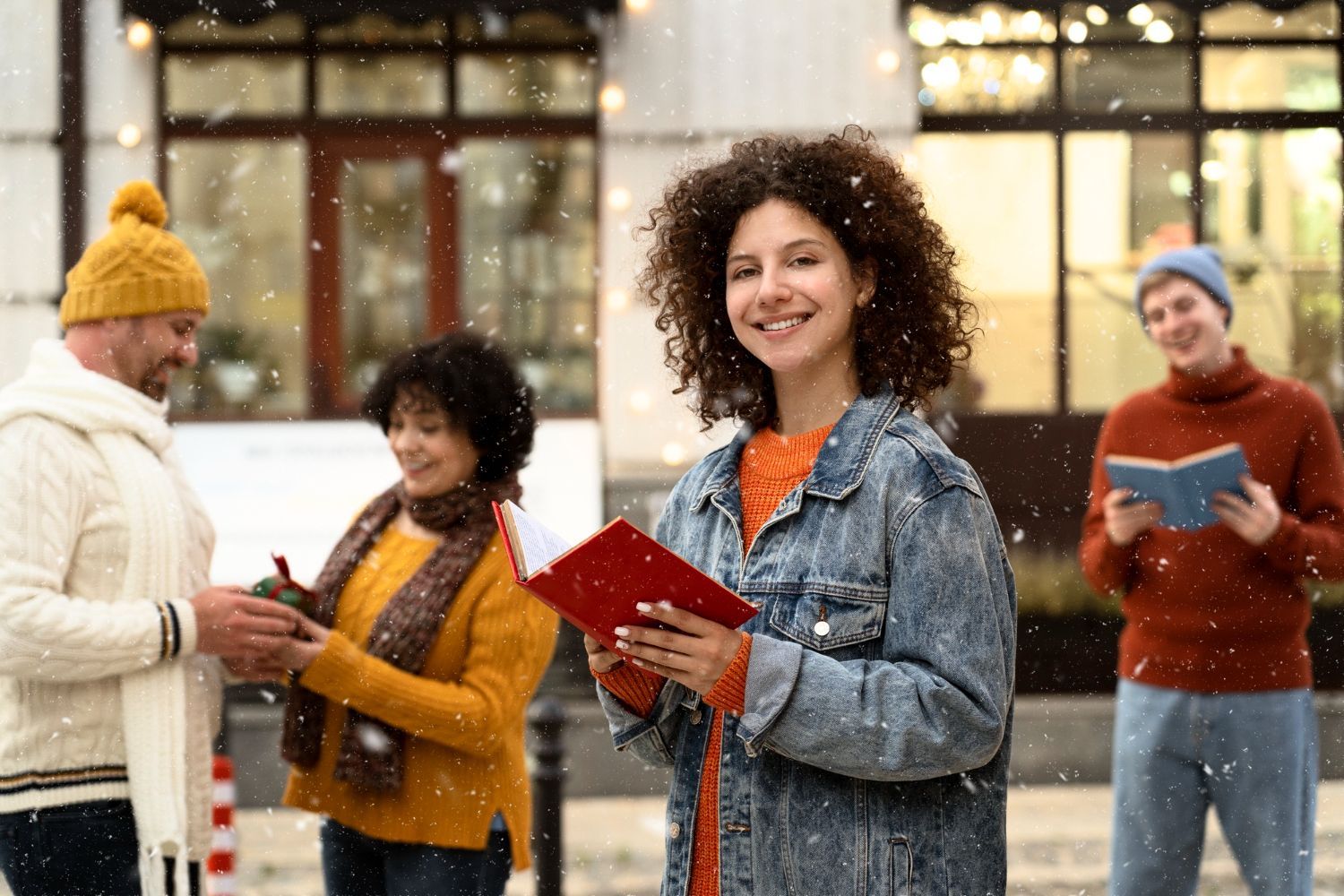 A group of people students reading outdoors