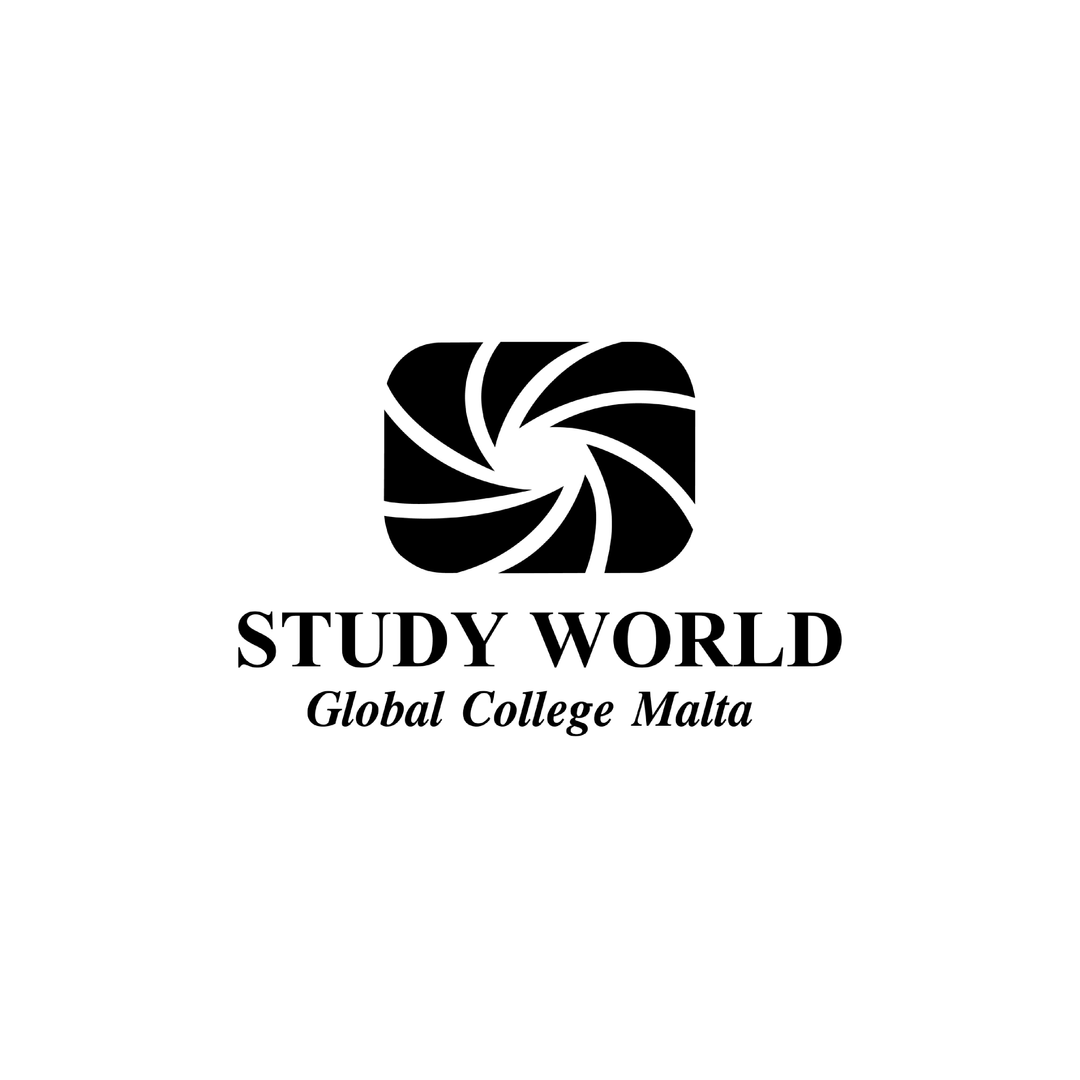 A black and white logo for study world global college malta.