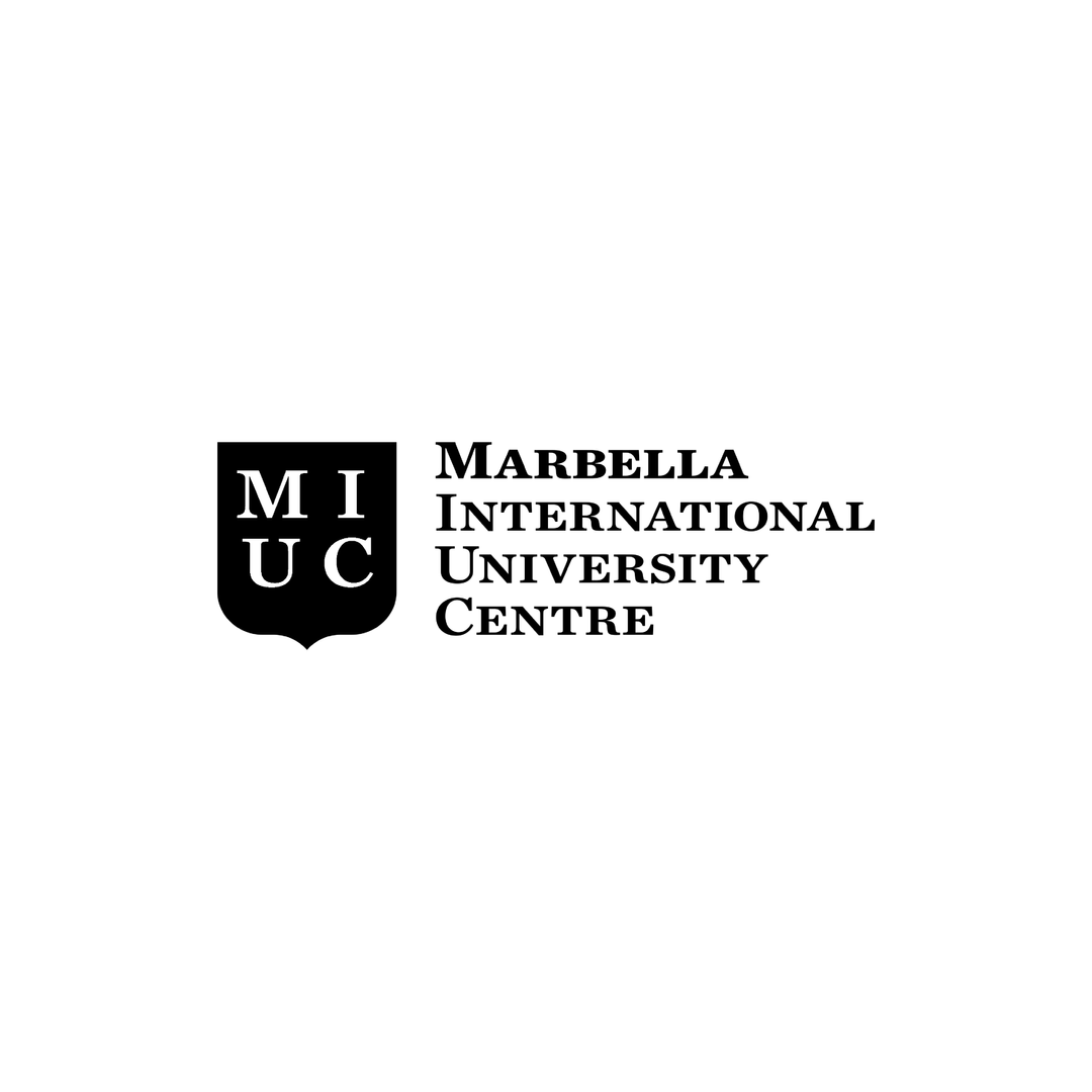 The logo for marbella international university centre is black and white.