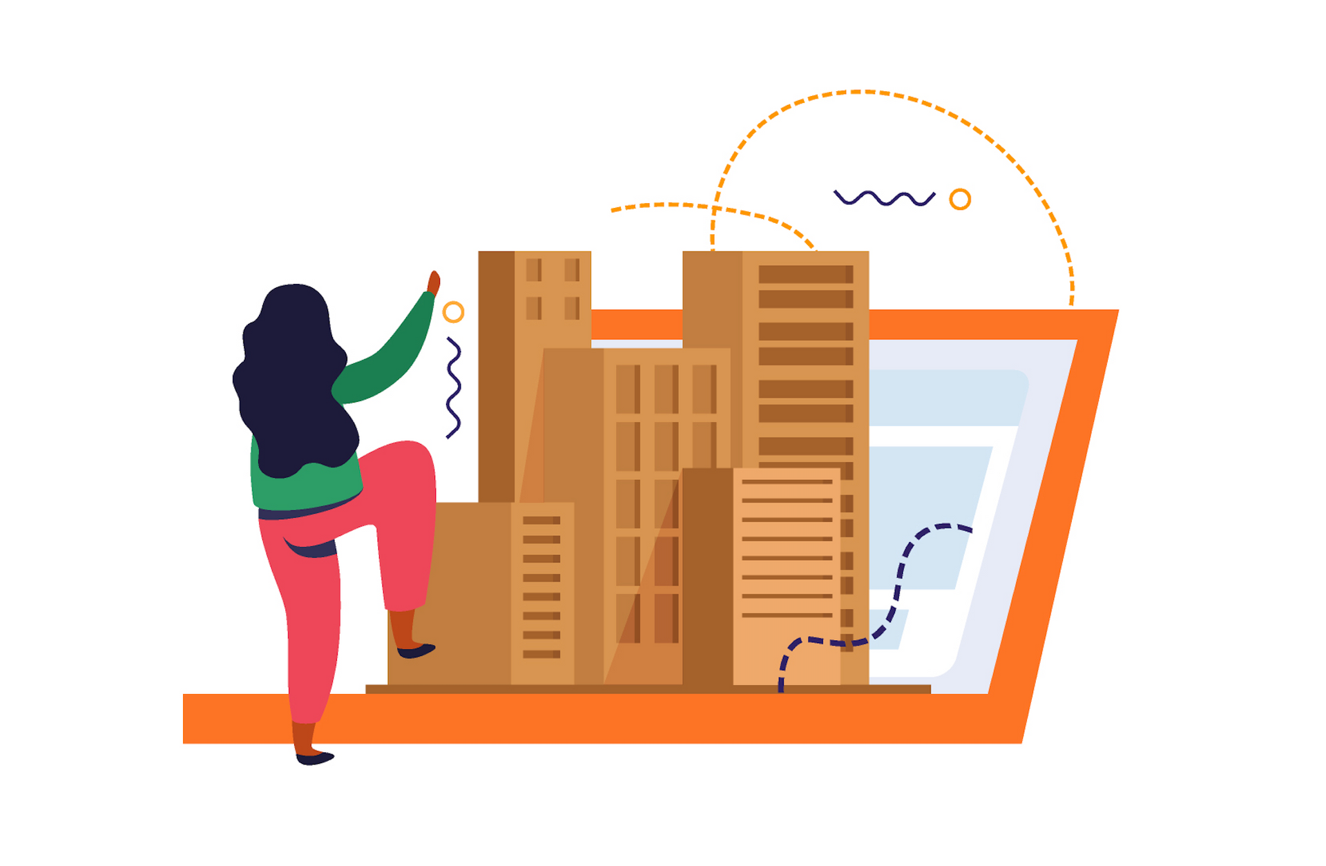 A woman is climbing up a building in a city.