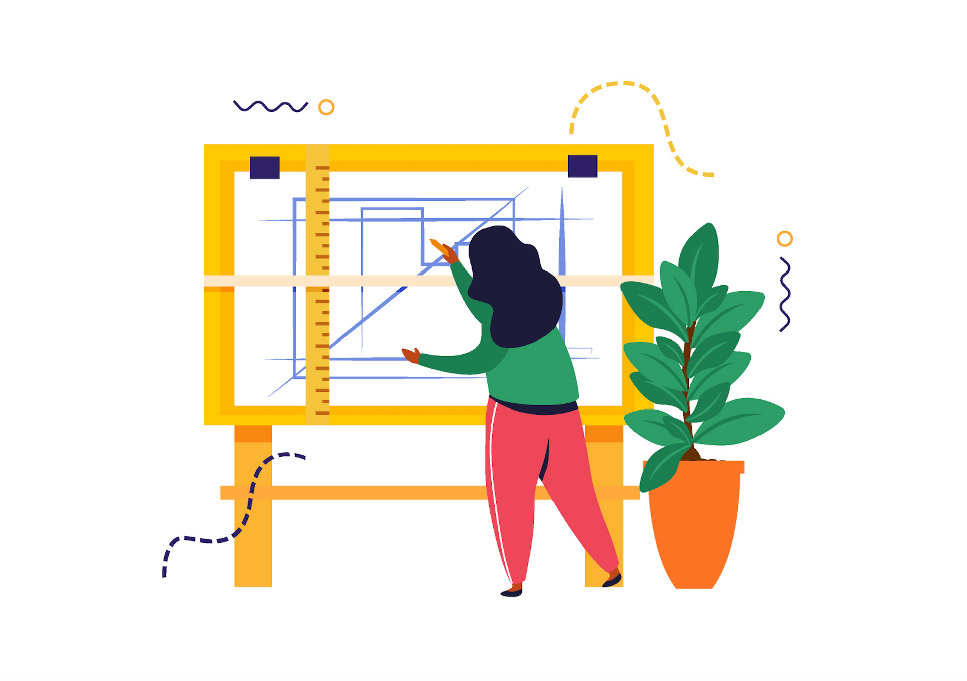 A woman is drawing a blueprint on a board.