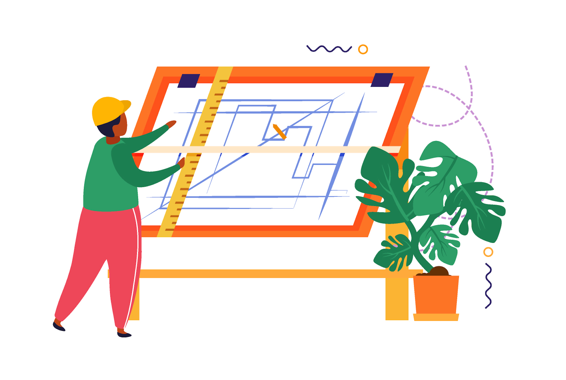 A man is measuring a blueprint with a ruler.