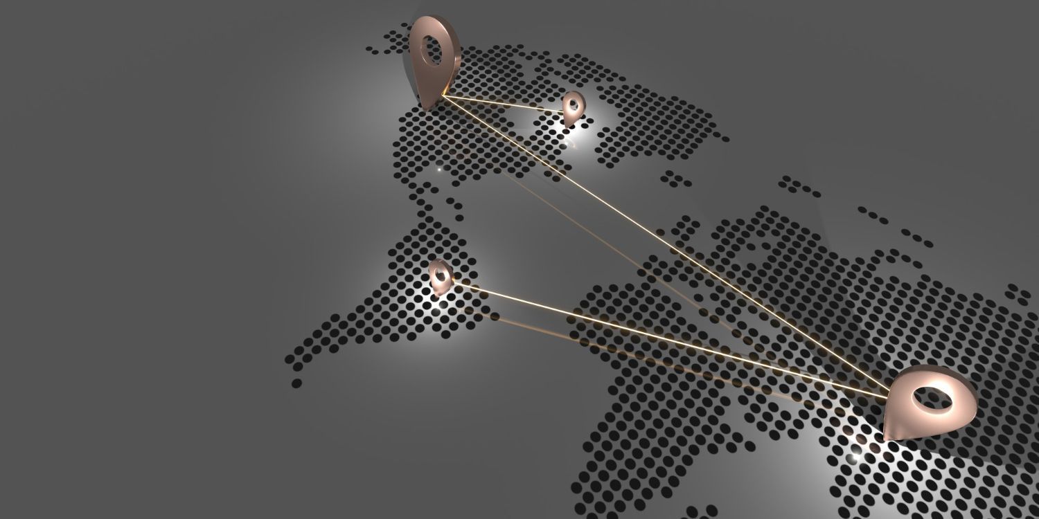 A map of the world with pins connected to each other.