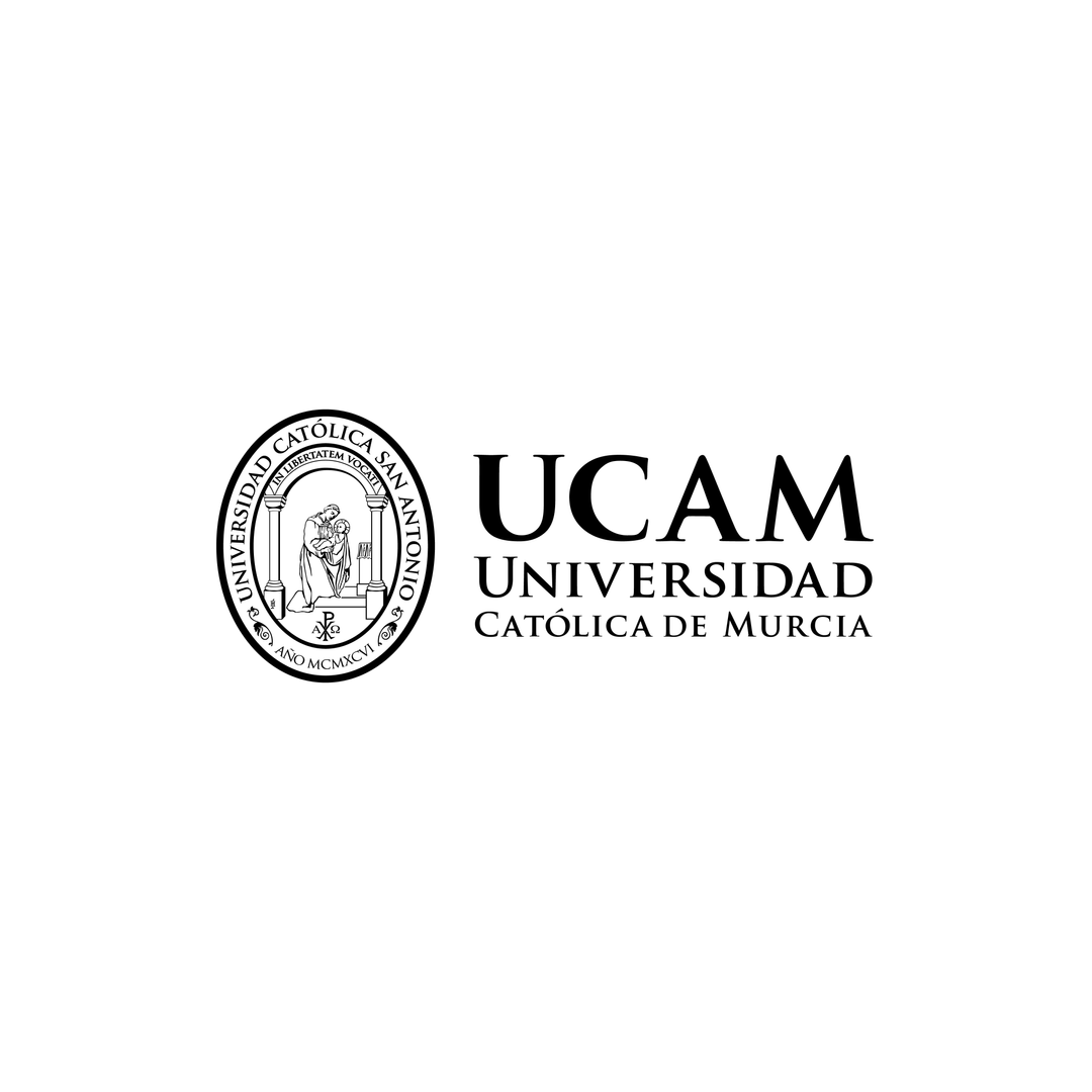 The logo for ucam universidad catolica de murcia is black and white.