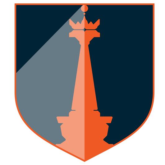 A shield with a statue of a king on it