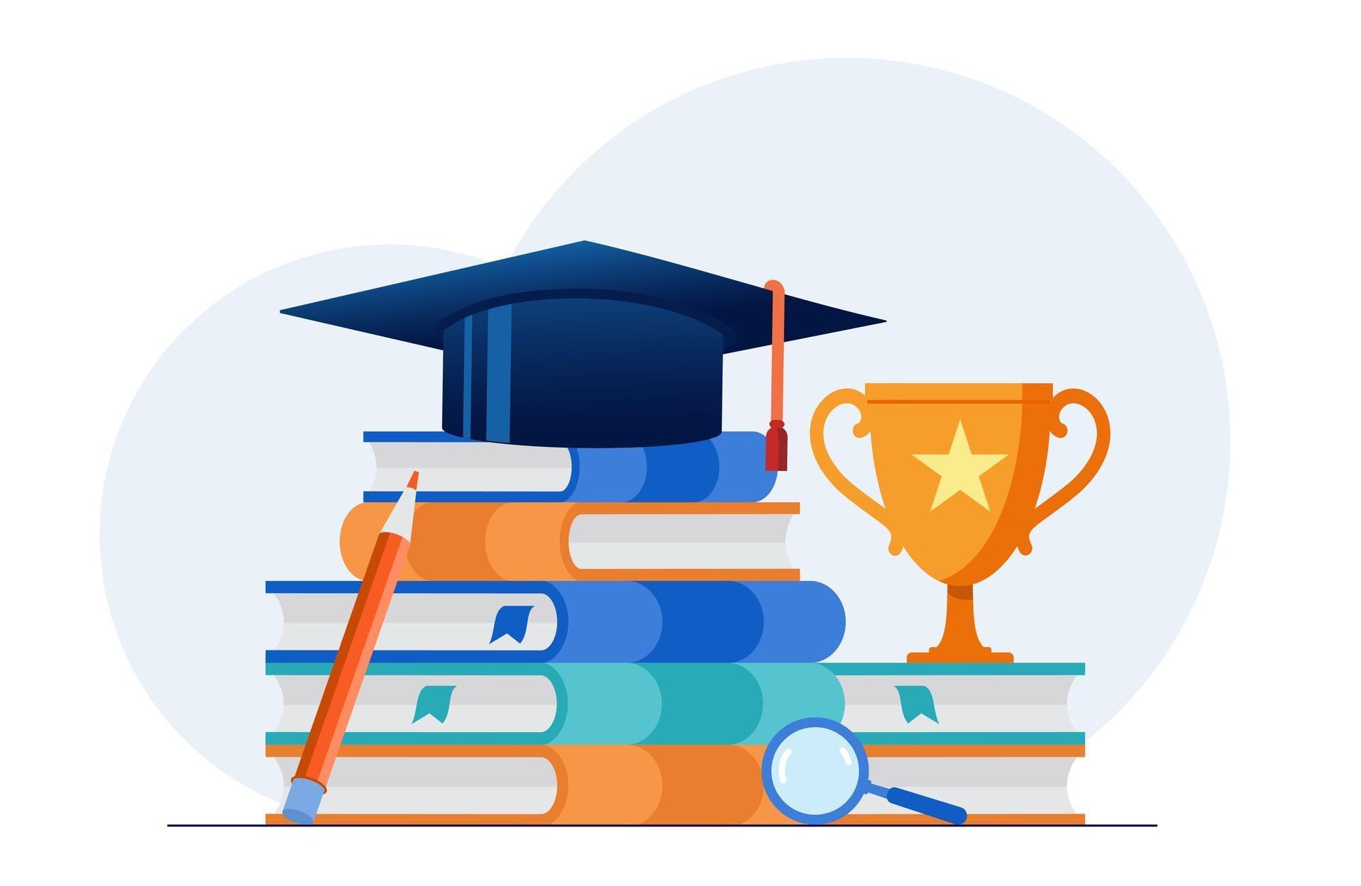 A stack of books with a graduation cap , trophy , magnifying glass and pencil.