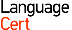 The logo for language cert is black and red on a white background.