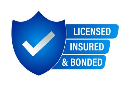 A blue shield with a check mark on it that says licensed insured and bonded