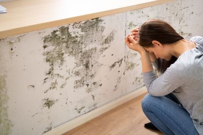 A woman is kneeling down in front of a moldy wall.
