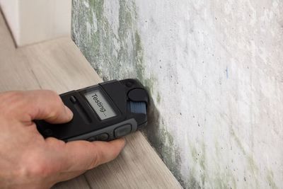 A person is using a mould detector on a wall.