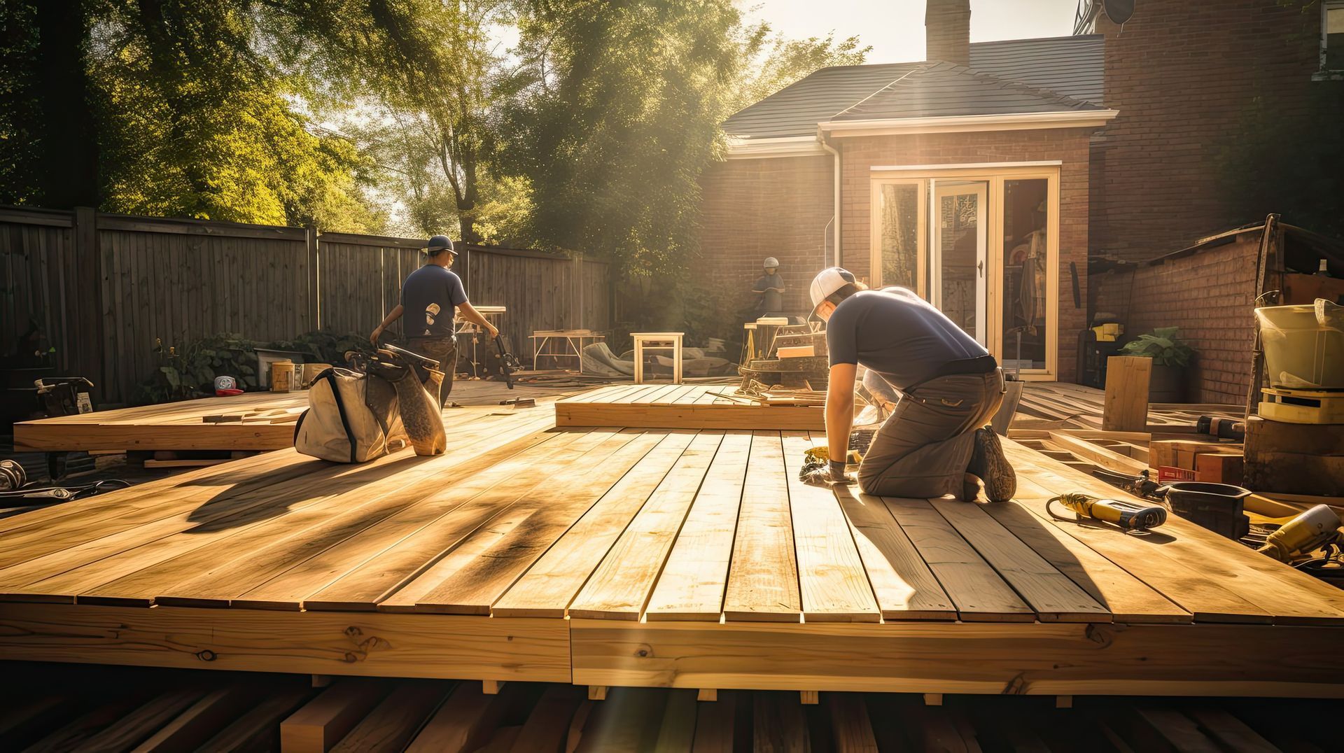 Workers build a wooden deck in a backyard, installing planks near a house in sunlight.