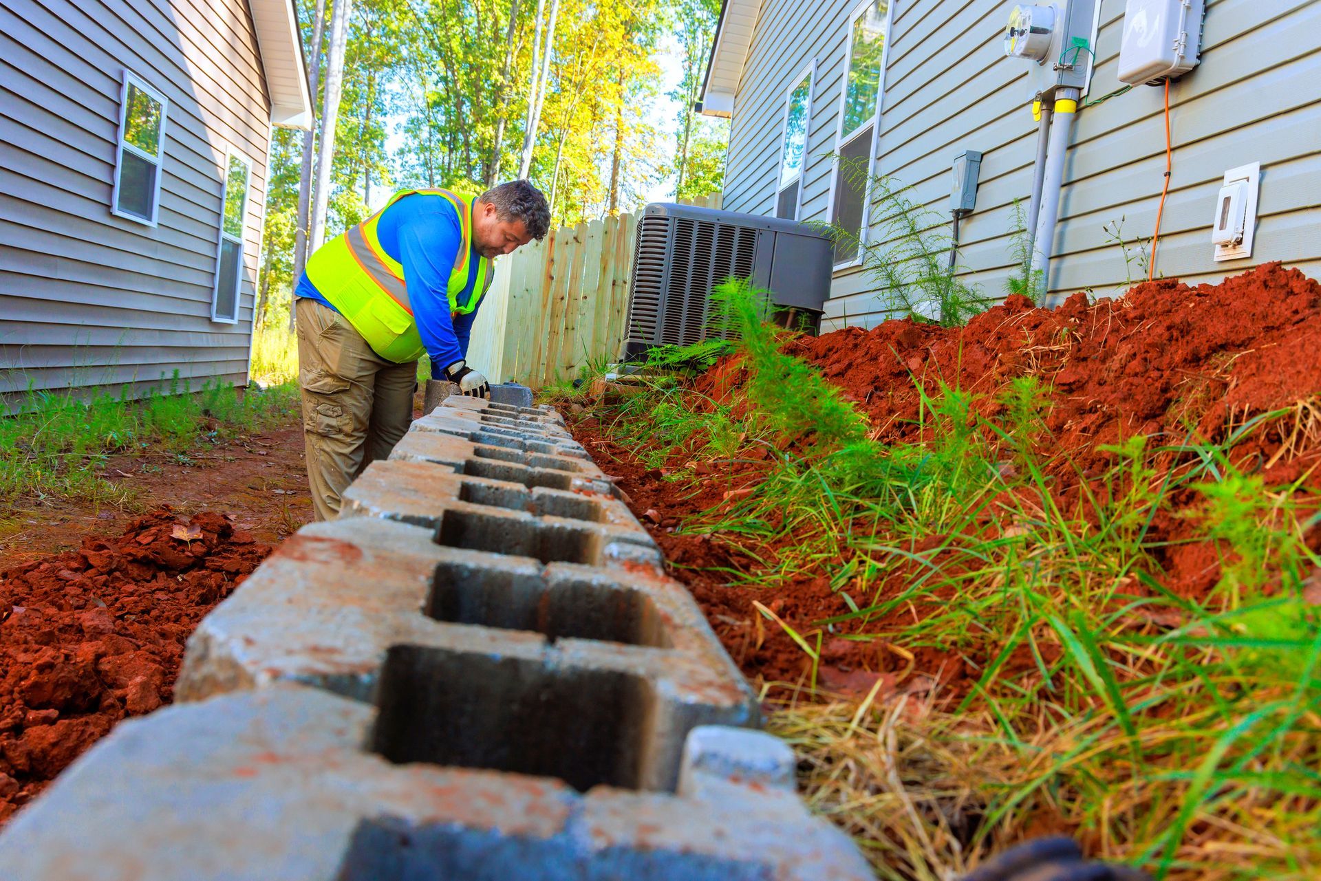 A landscaper installing a retaining wall beside a house with greenery.
