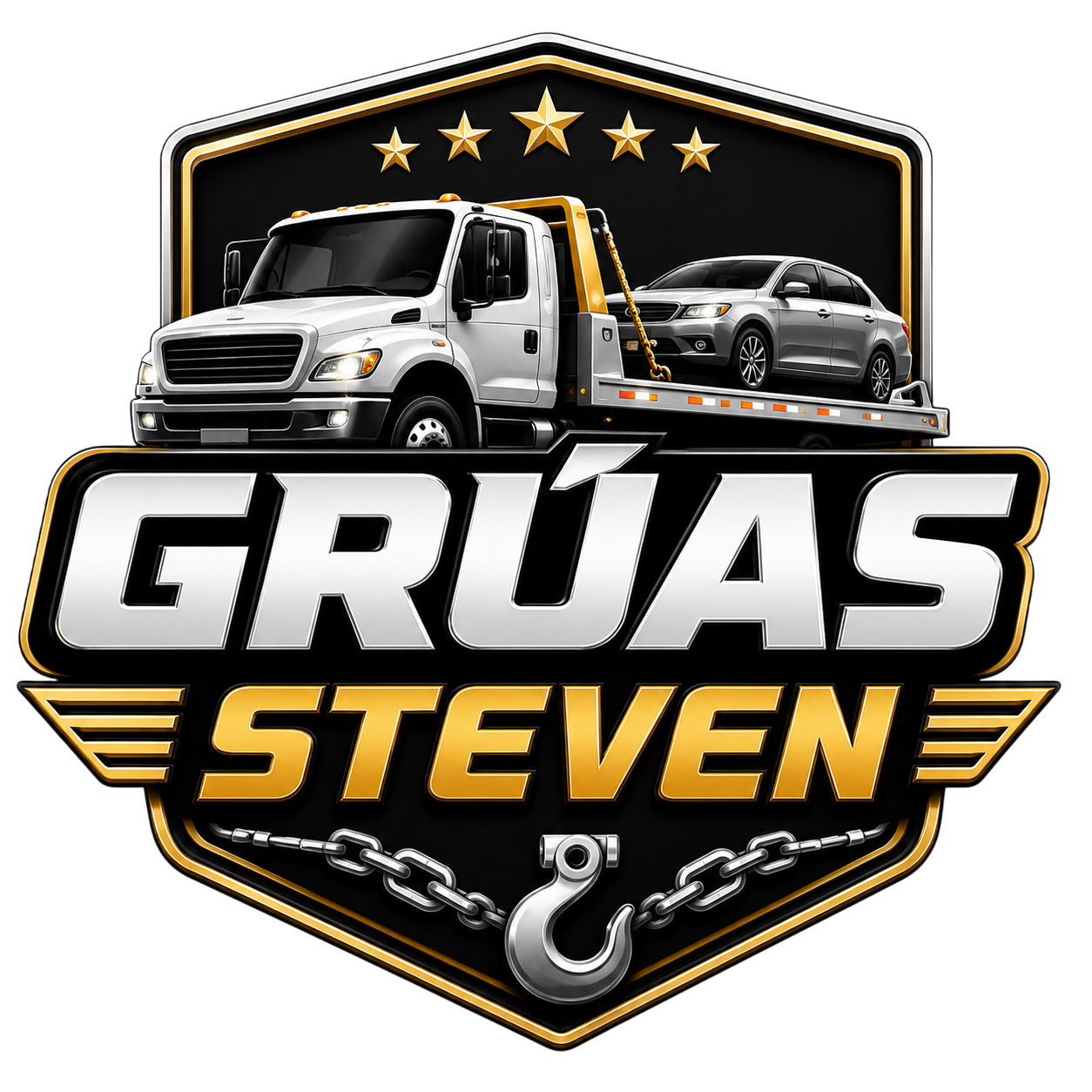 Logo de grúa “GRÚAS STEVEN” en negro y dorado, con camión remolque y auto sobre un escudo.