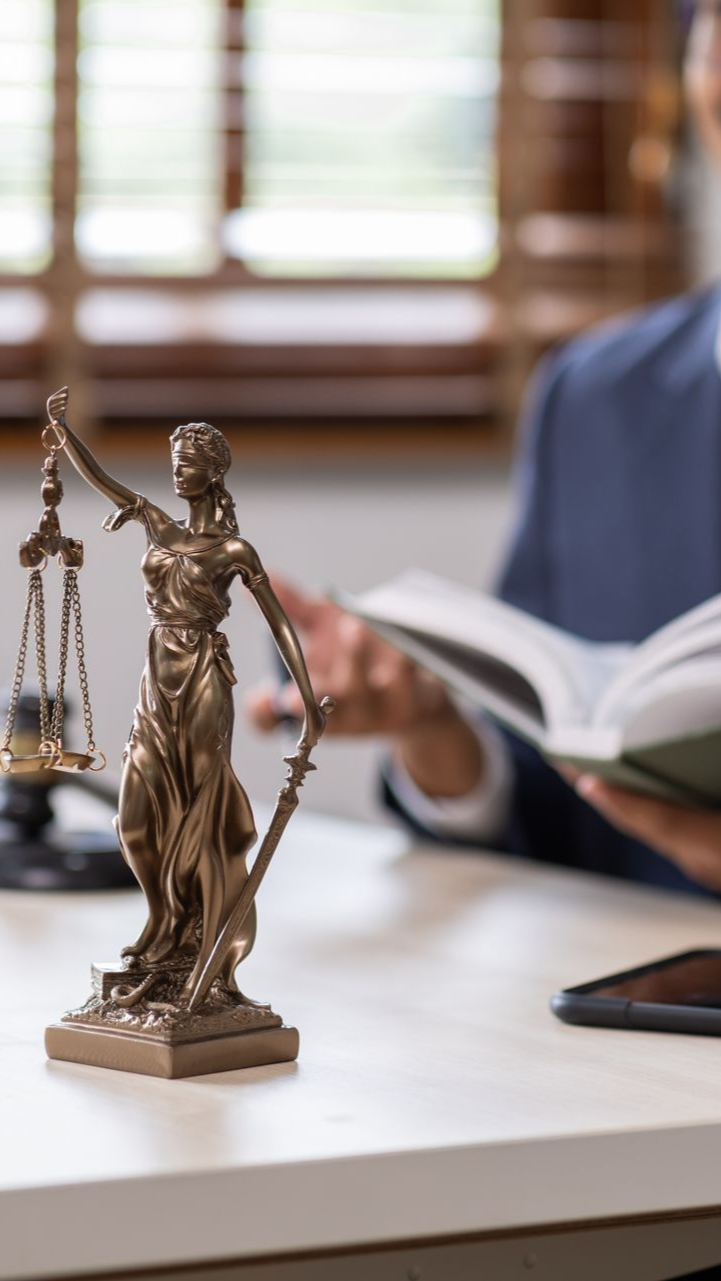 Statue of Lady Justice on a desk with a person reading a book in the background.