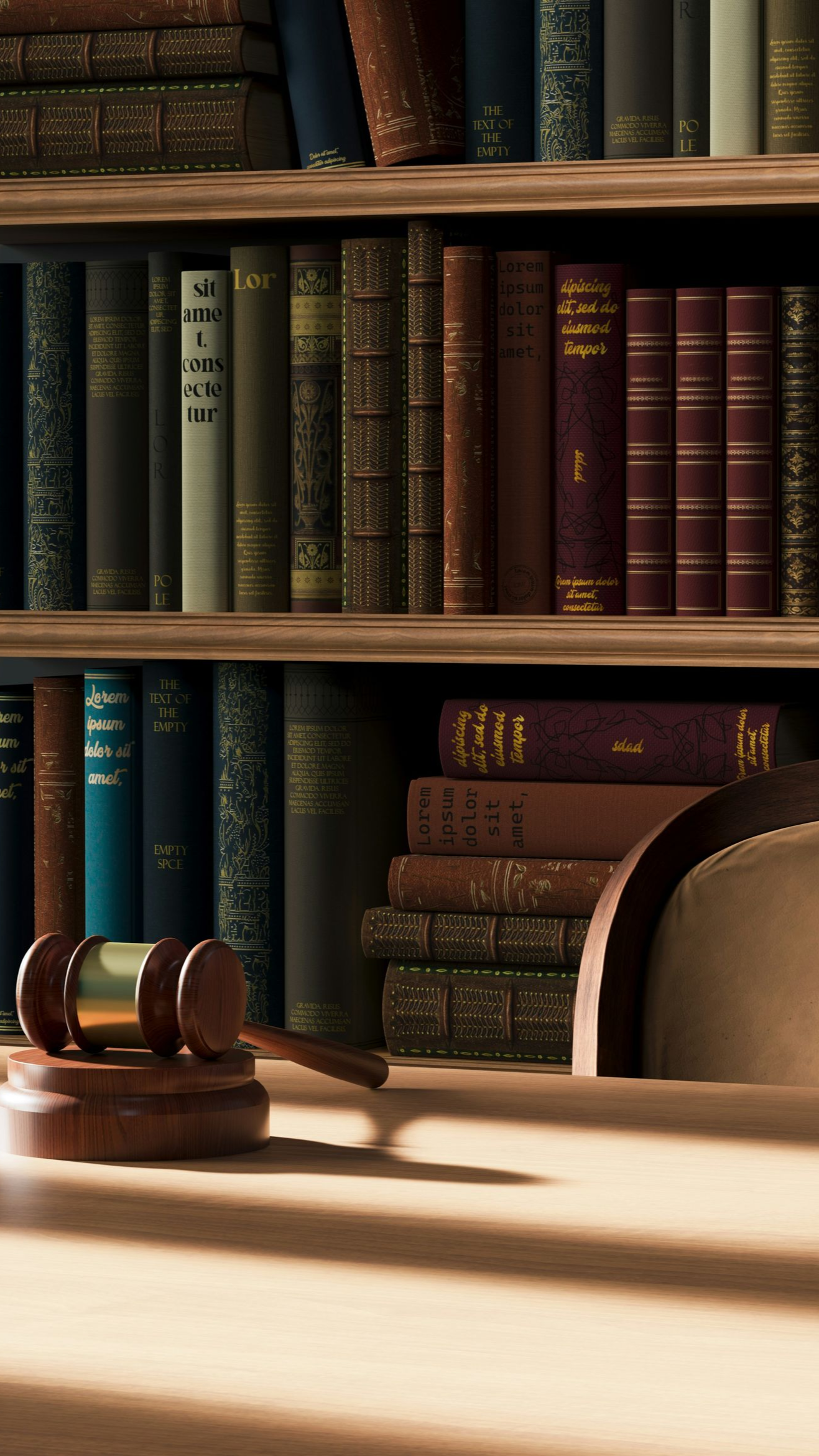 Wooden gavel on a table in front of a bookshelf filled with aged books, bathed in warm light.