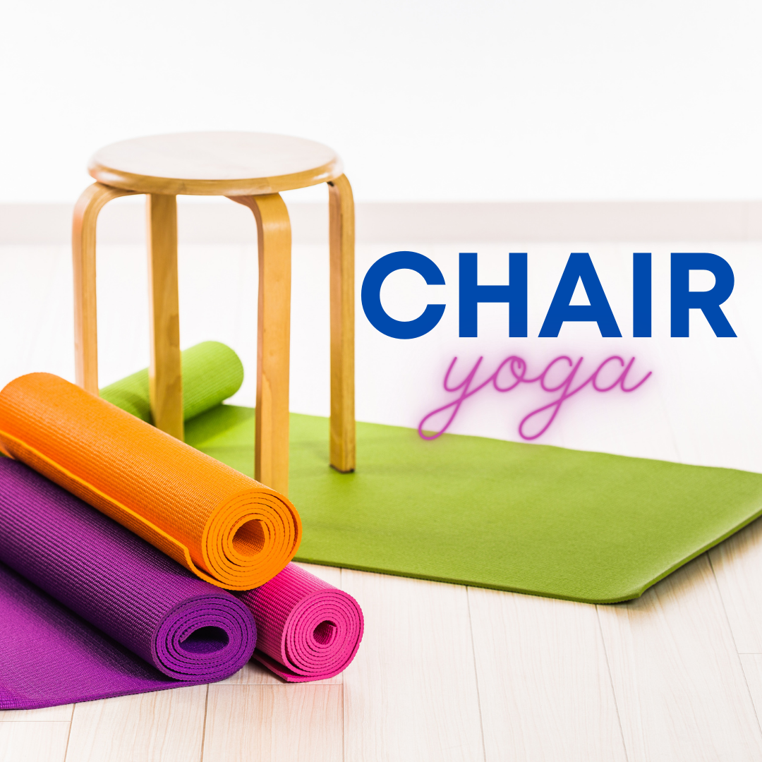a stack of yoga mats next to a wooden stool that says chair yoga