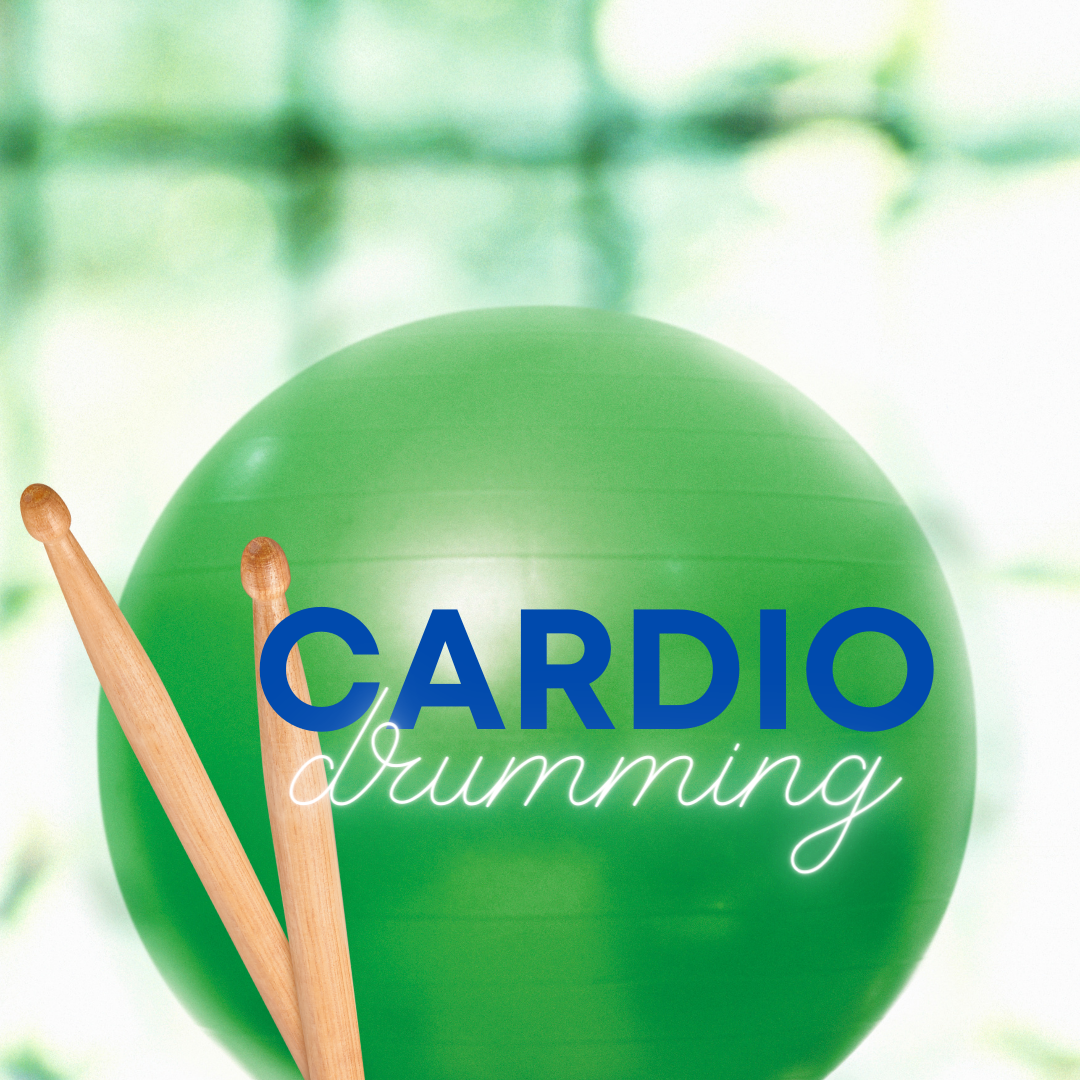 a green ball with the words cardio drumming on it