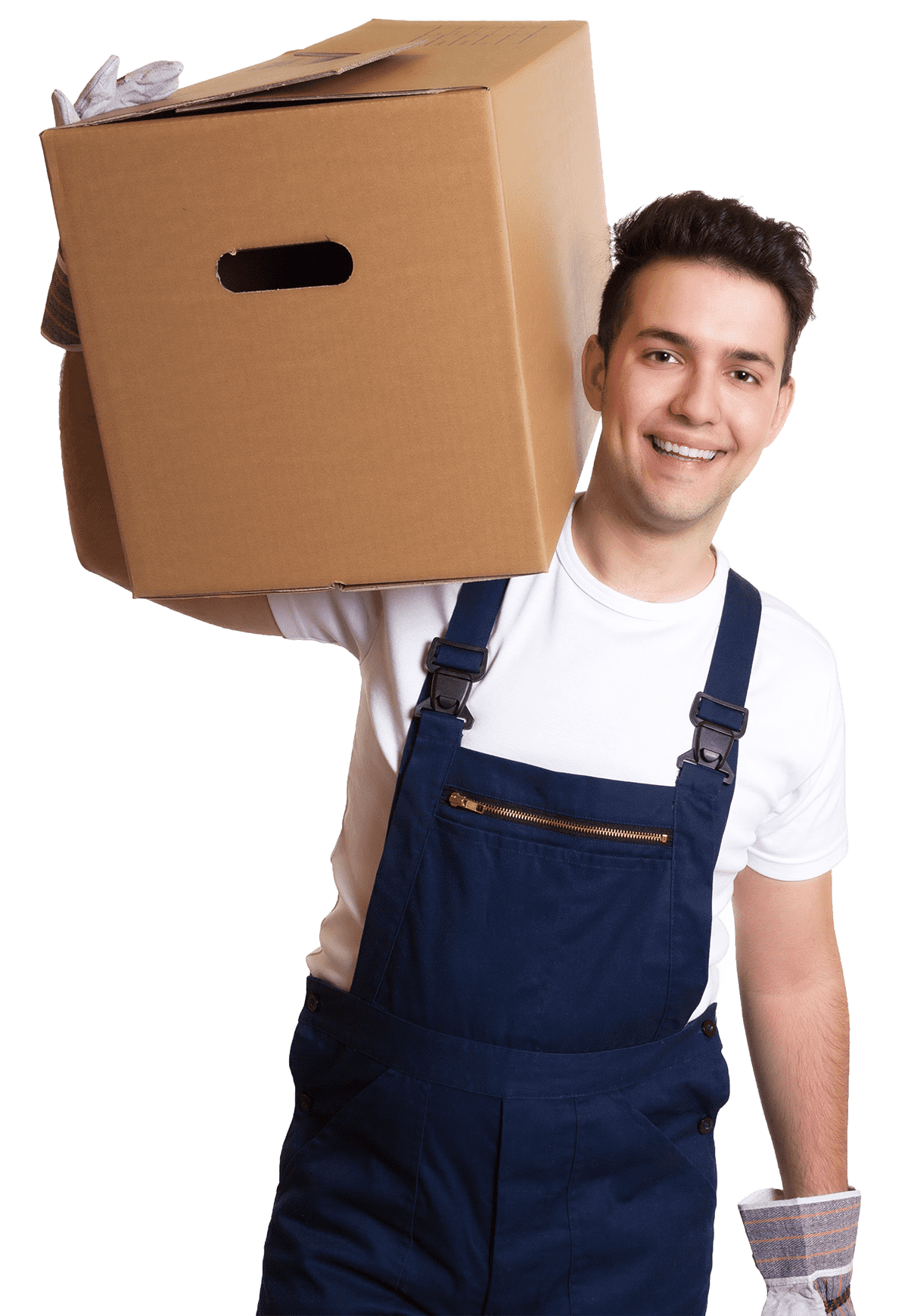 a man in blue overalls is carrying a cardboard box on his shoulder