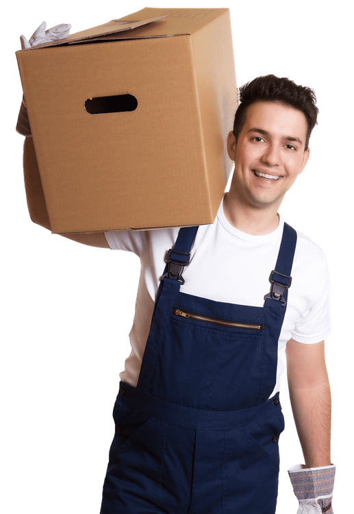 a man in blue overalls is carrying a cardboard box on his shoulder