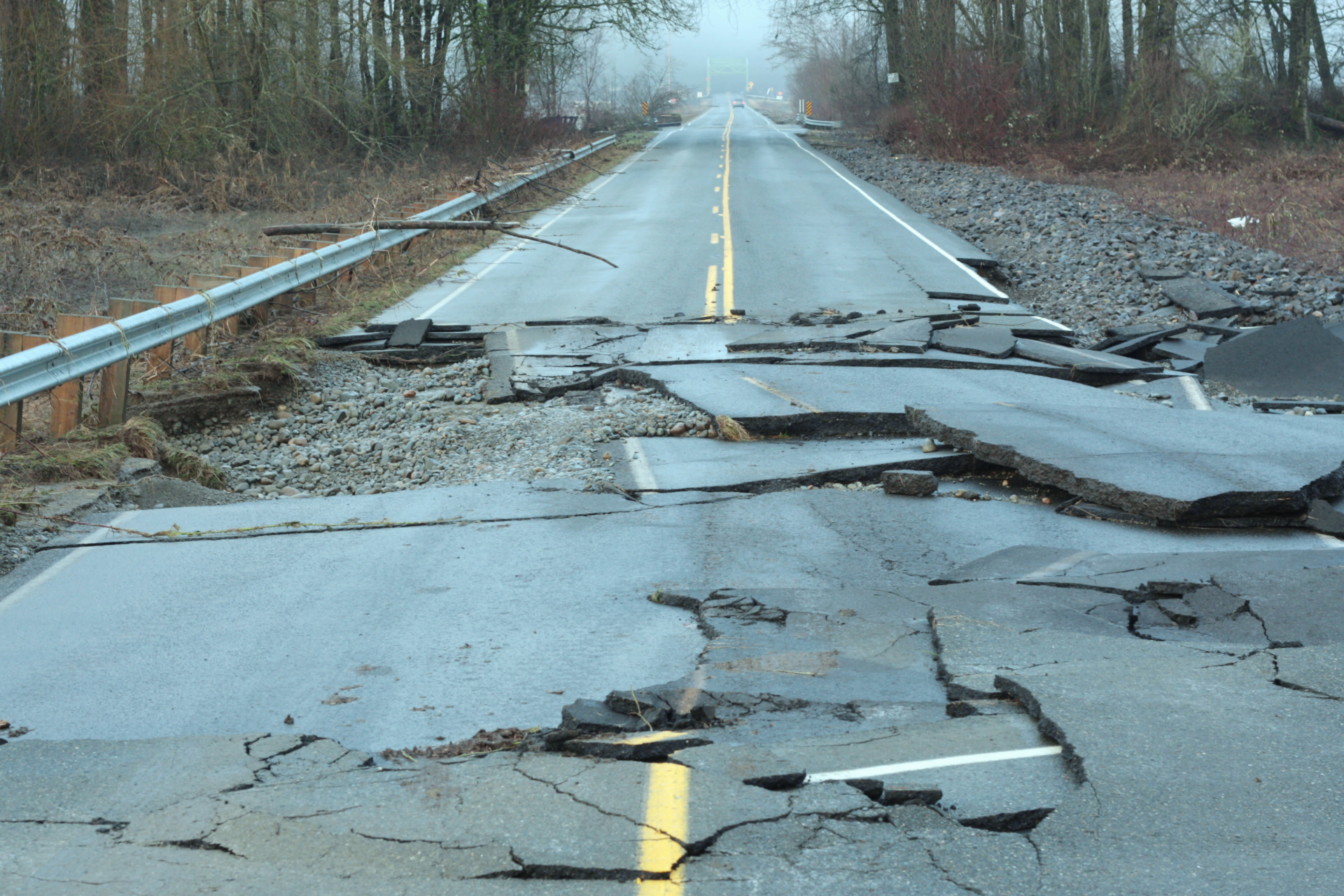 A cracked, broken asphalt road with exposed gravel, leading into a fog-covered forest.