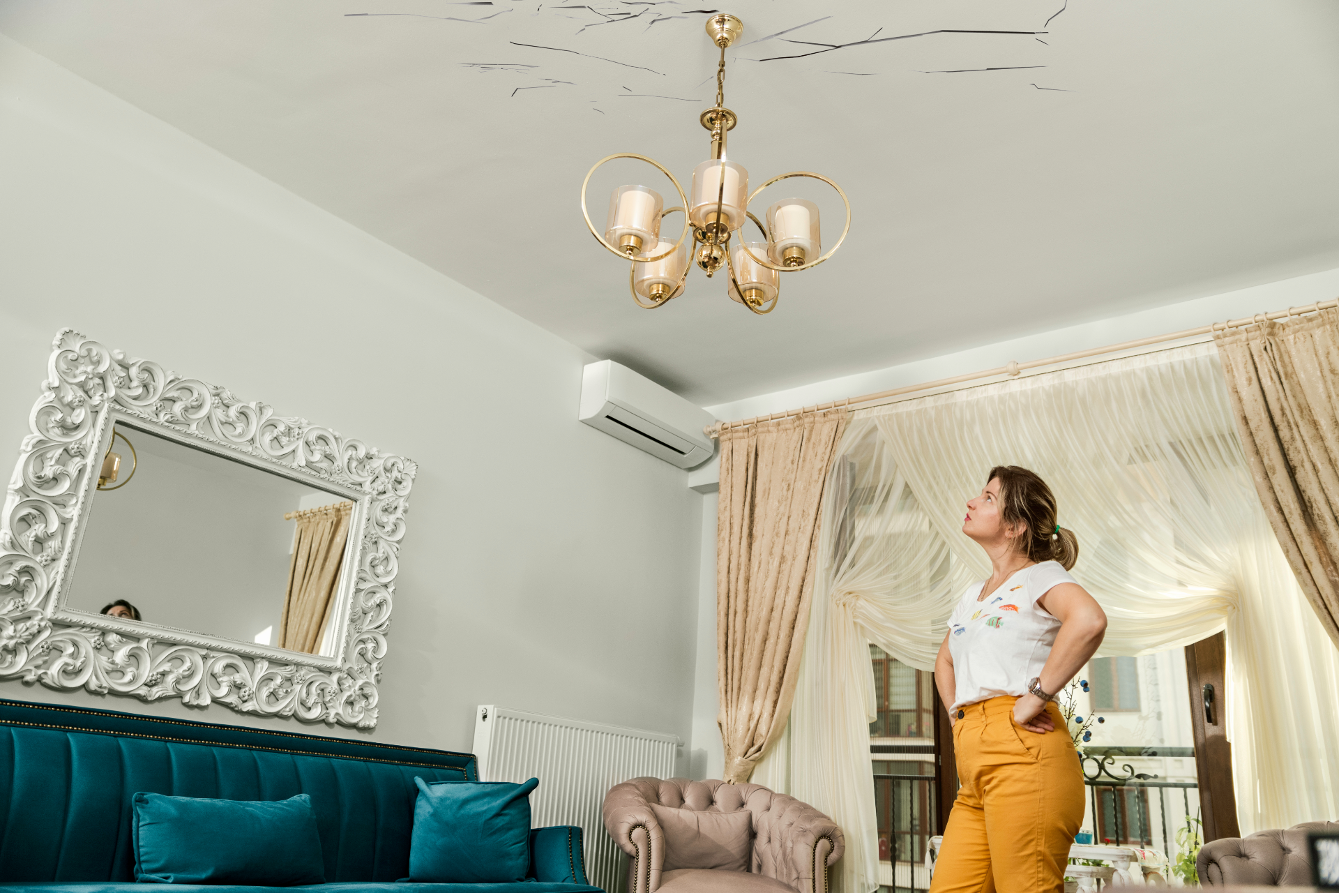 A person stands in a living room, looking up at prominent, dark cracks spreading across the white ceiling.