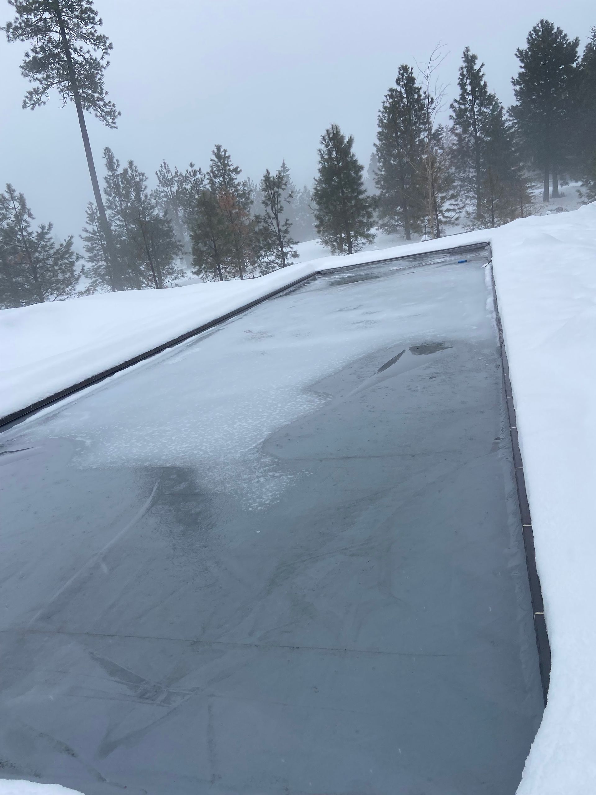Snow-covered pool with a dark gray cover, surrounded by snow and trees in a misty outdoor setting.