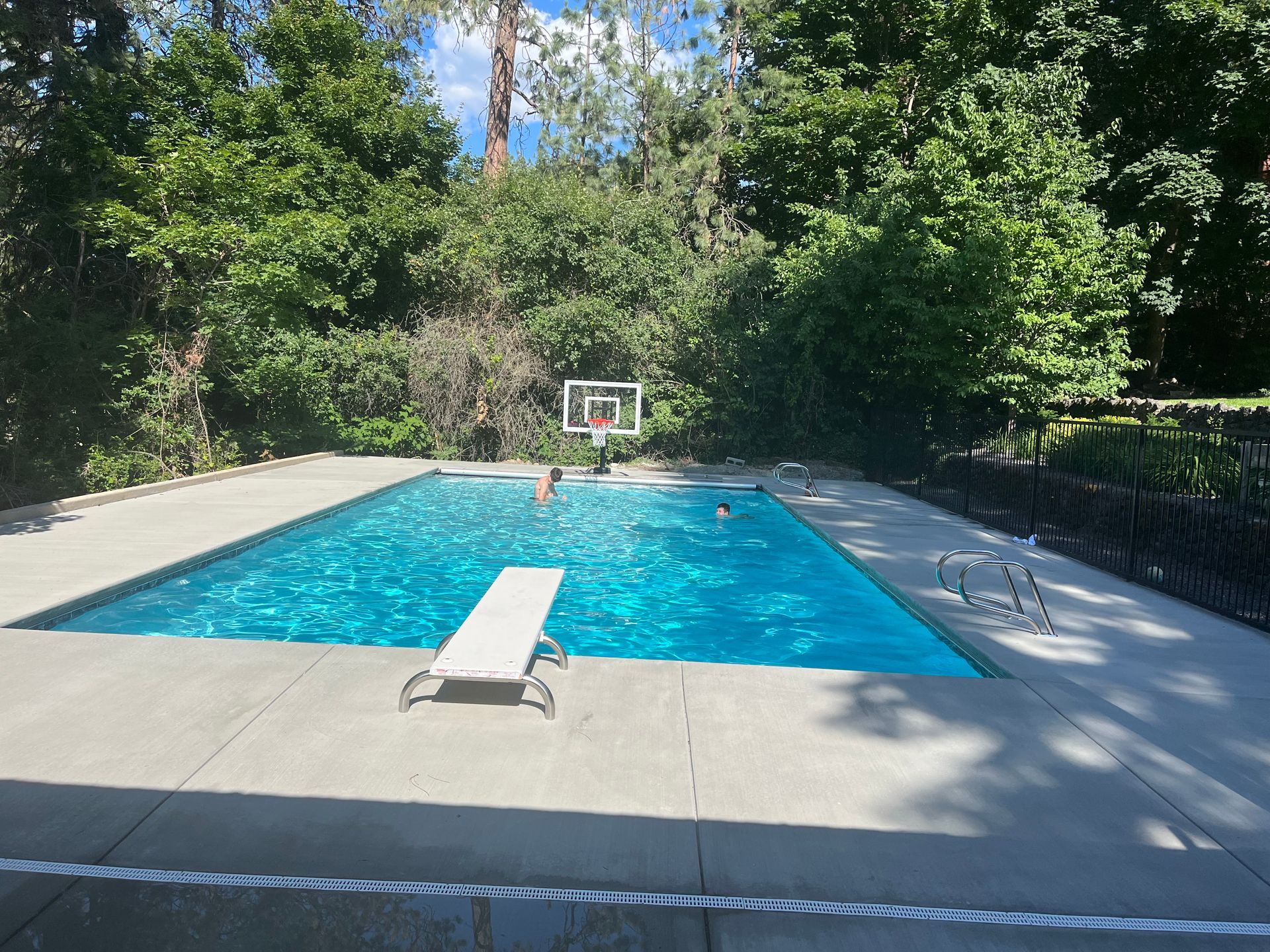 Swimming pool with people, diving board. Basketball hoop. Lush green trees. Sunny day.