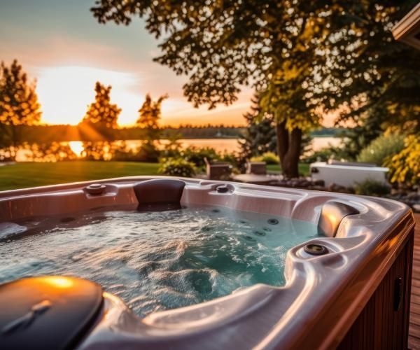 Hot tub with bubbling water on a wooden deck, overlooking a lake at sunset.