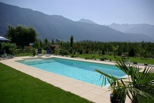 Swimming pool overlooking mountains and orchard. Green grass and palm plants in the foreground.