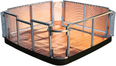 Angular metal structure with copper-colored panels, possibly for electromagnetic shielding.