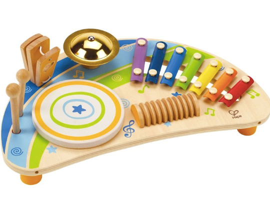 a hape musical toy with xylophones and a drum