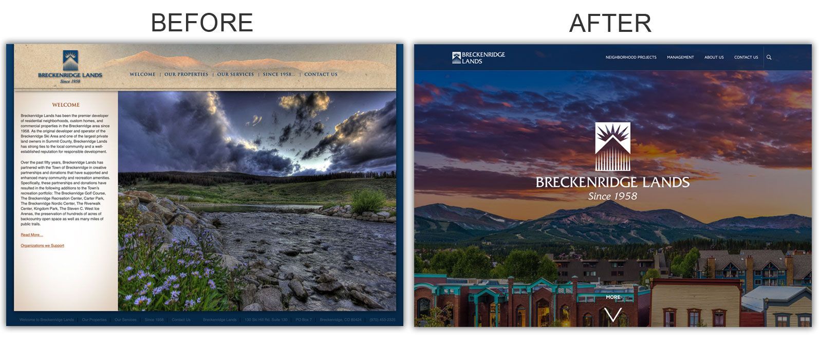 a before and after picture of a breckenridge lands website