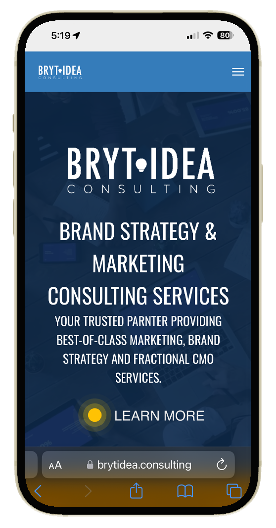 a phone screen shows a website for bryt idea consulting